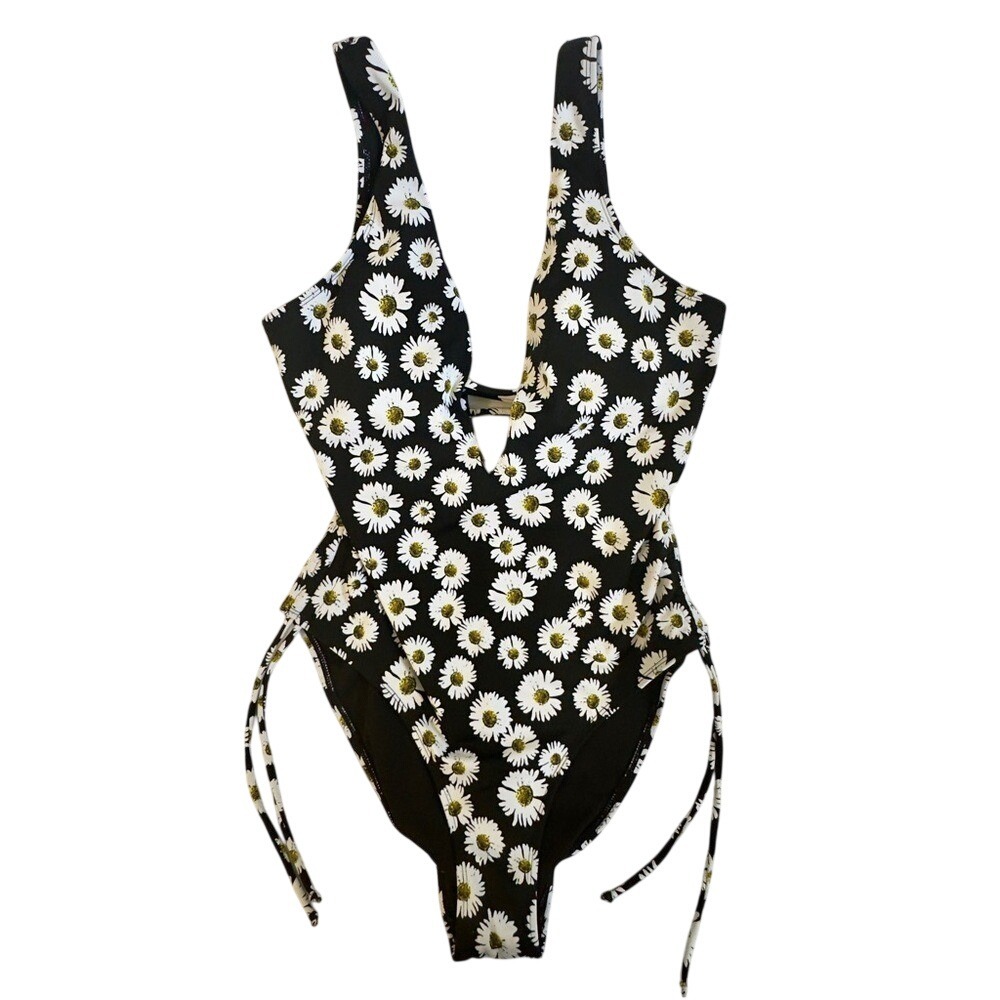 Black One-Piece Swimsuit with White‎ Floral Design Size 10